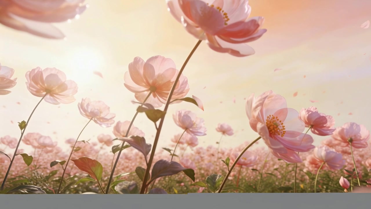 Swaying tall pale pink blooms shedding petals in meadow at golden hour, sun backlit