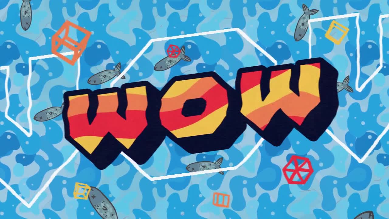 파란색 배경의 물고기 위에 와우 텍스트의 애니메이션