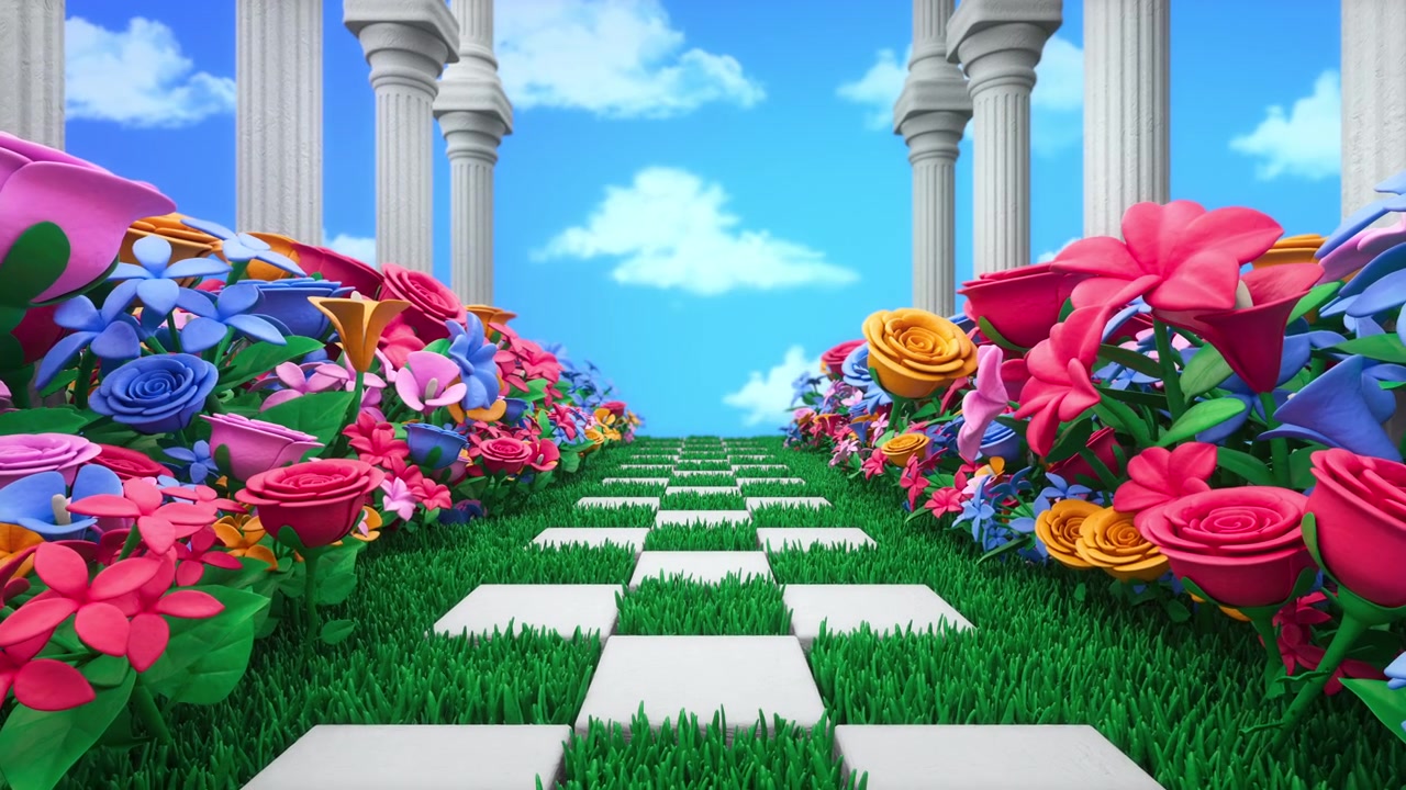 Avanzamento attraverso un colorato giardino fiorito fantastico con colonne classiche