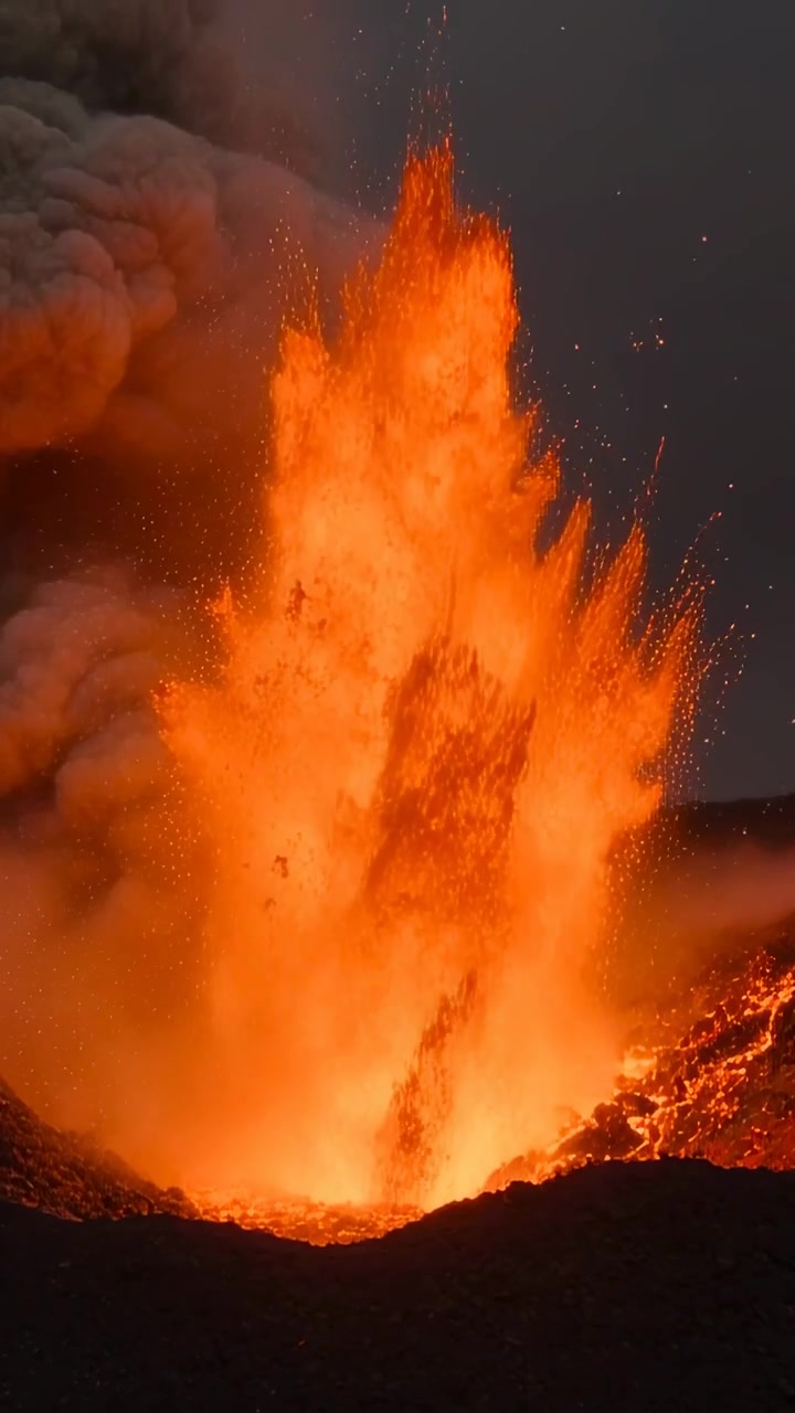 Video verticale: Bocca che si apre rilasciando magma e gas, inviando una fontana di lava nel cratere e bombe incandescenti.
