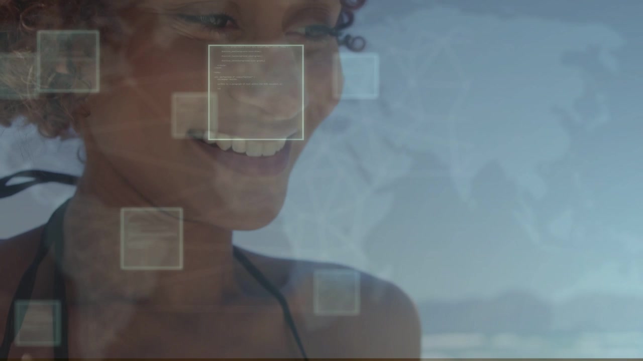 Woman tapping phone, activating UI and world map for travel app, camera pulling back smiling