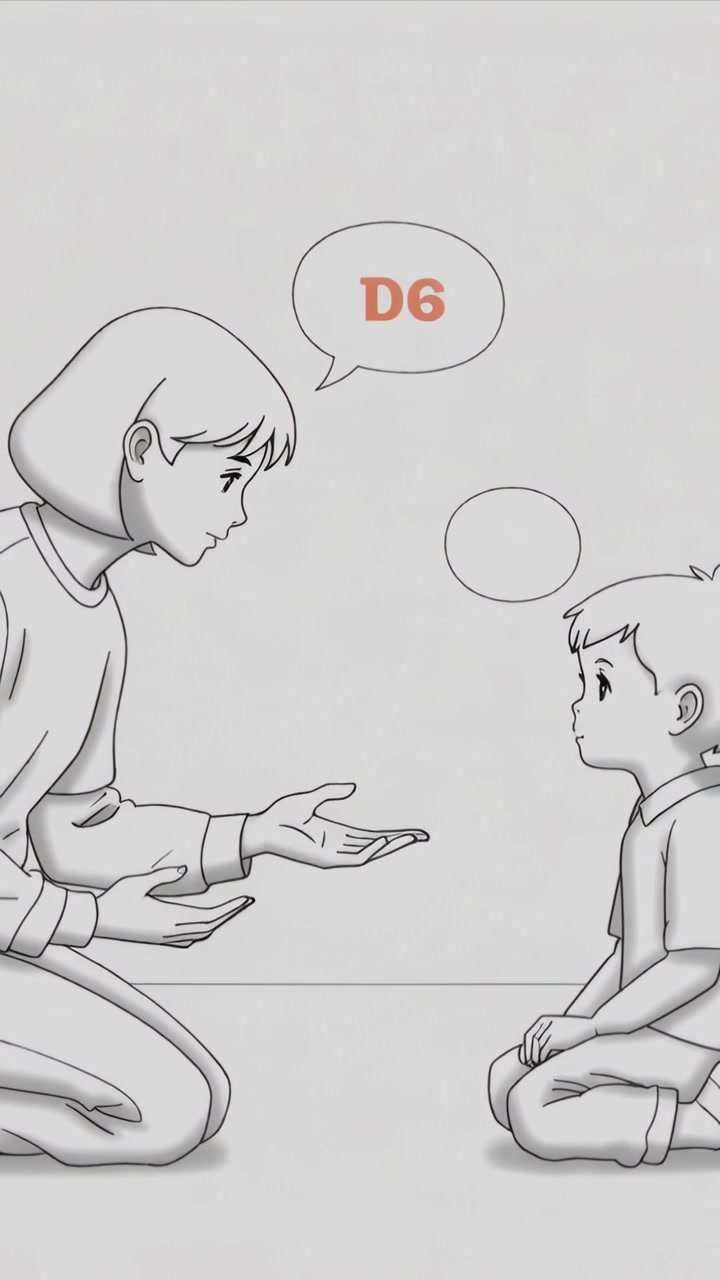 Vertical video: Showing speech bubble D6, kneeling adult explaining to child in plain room barefoot