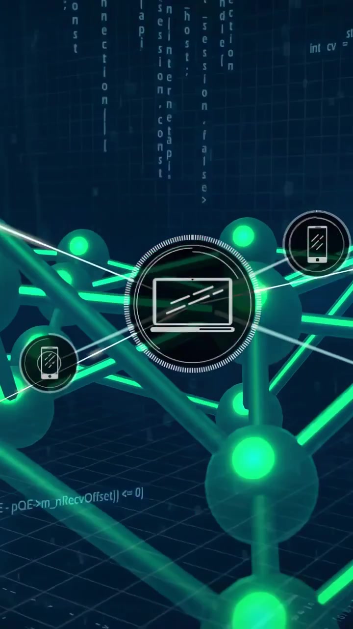 Camera panning and zooming, neon-green network revealing laptop and smartphone icons for technology