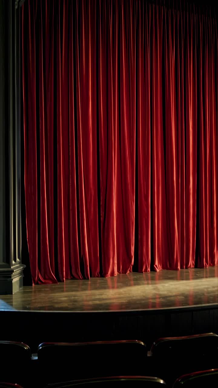 Un concept video drammatico con un'inquadratura ravvicinata di tende teatrali rosse parzialmente aperte.