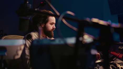 ingeniero de música trabajando en una sala de control de estudio profesional para mezclar y masterizar