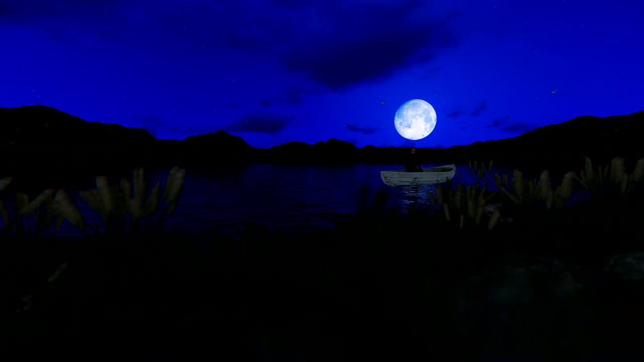 Fischerboot auf einem See, umgeben von Bergen, mit Vollmond vor Sternenhimmel, 4K