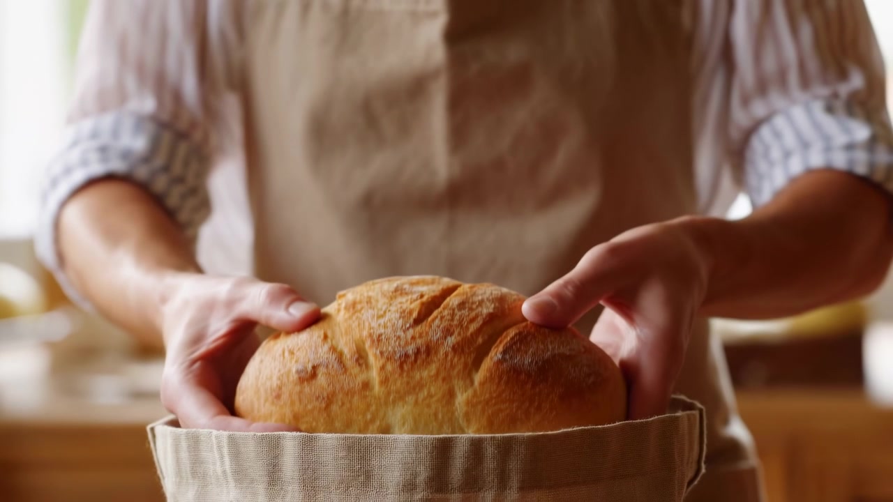 A pair of hands presents a golden round loaf of fresh homemade bread above a cloth bag in a softly lit kitchen with a cozy blurred background
