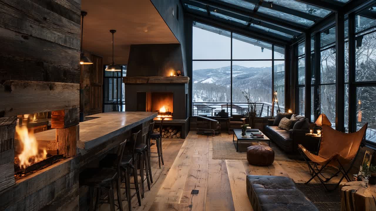 A Cozy, Modern Living Space with Large Windows Showcasing Scenic Mountain Views and Rustic Wooden Elements, Inviting Warmth from a Fireplace in an Elegant Setting Ideal for Relaxation and Gathering