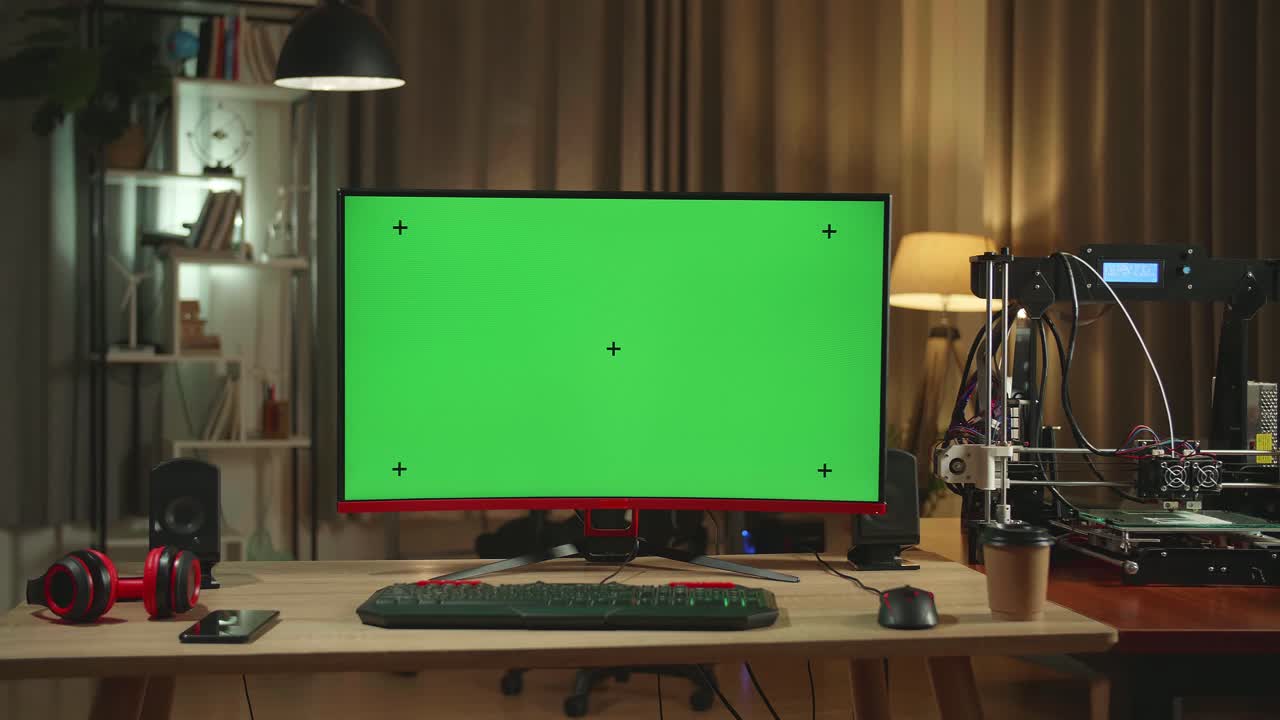3D Printer And Personal Computer With Mock Up Green Screen Display In Home Office