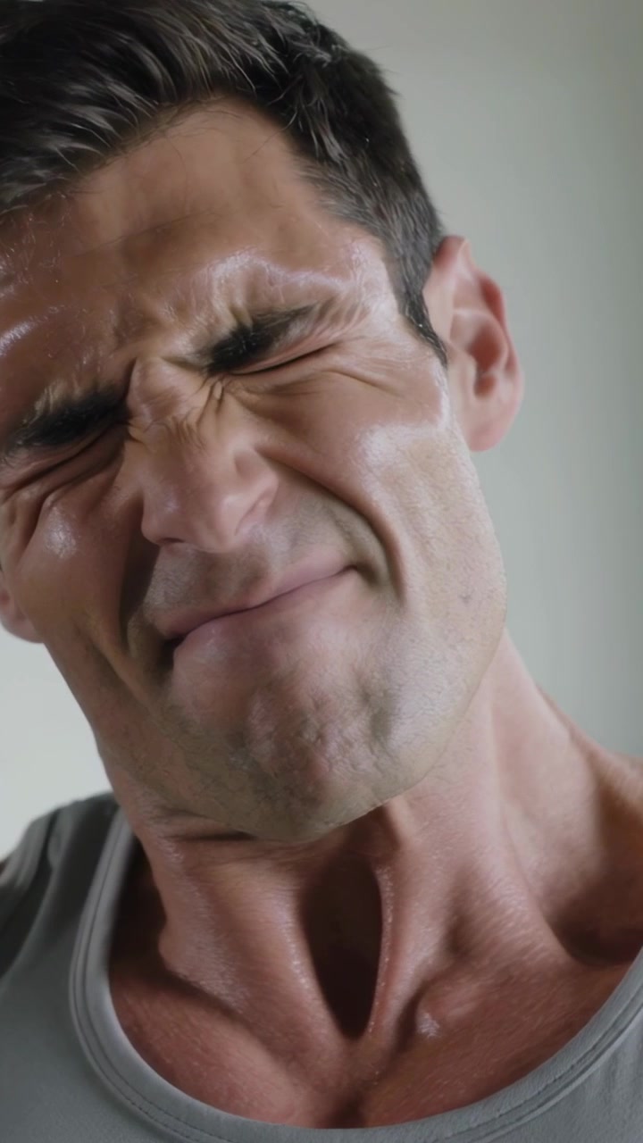 Vertical video: Grimacing adult male expressing strain in light-colored room, wearing gray tank top