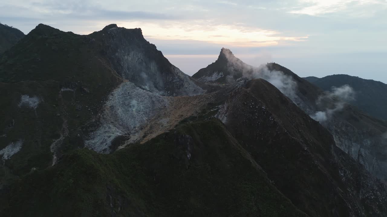 Aerial view of the sulfuric peaks of Mount Sibayak, Indonesia