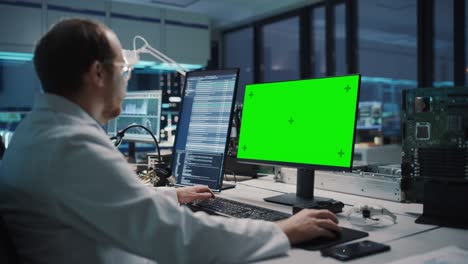 instalación electrónica moderna: científico, ingeniero trabaja en la pantalla de tecla de croma verde de la computadora. diseño, desarrollo de pcb industriales, microchips de silicio, semiconductores, equipos de telecomunicaciones