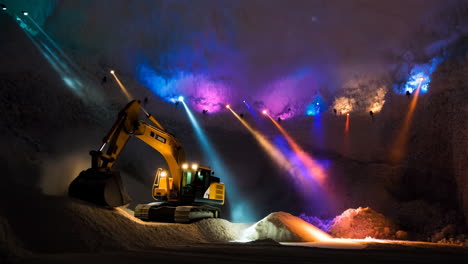 excavator in an industrially lit mine or storage facility