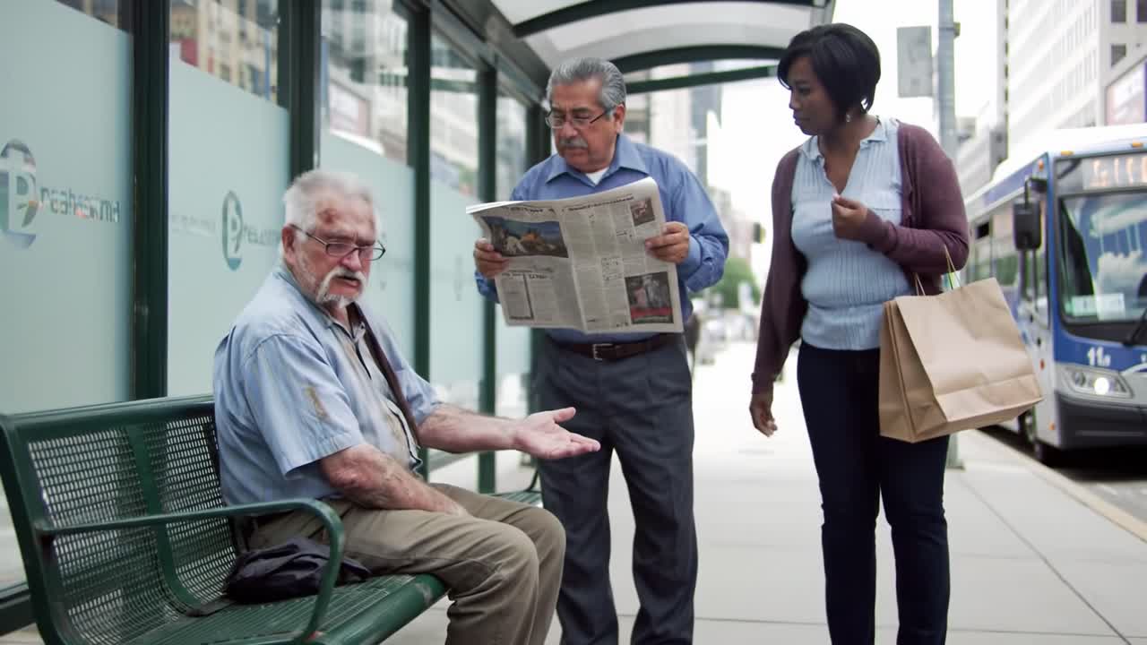 An Elderly Man Sits Alone at a Bus Stop While Busy Passersby Move Around Him, Capturing the Contrast of Stillness and Movement in Daily Life