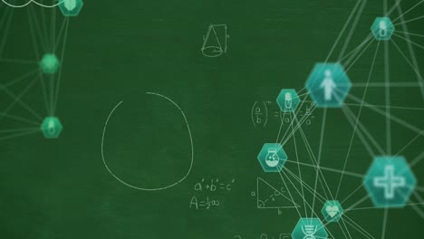 Animation-of-network-of-connections-with-icons-over-mathematical-equations-on-green-background