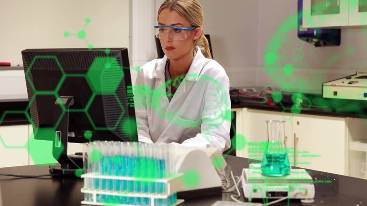 Scientist working in lab with chemical data processing animation over equipment