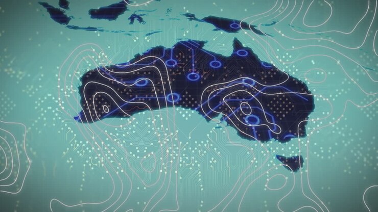 Animation of integrated circuit over world map and isohypses