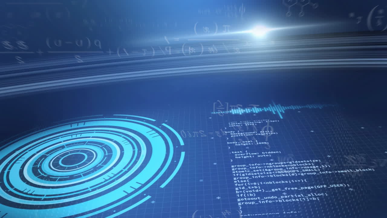 Animation of futuristic digital interface with coding and circular graphics