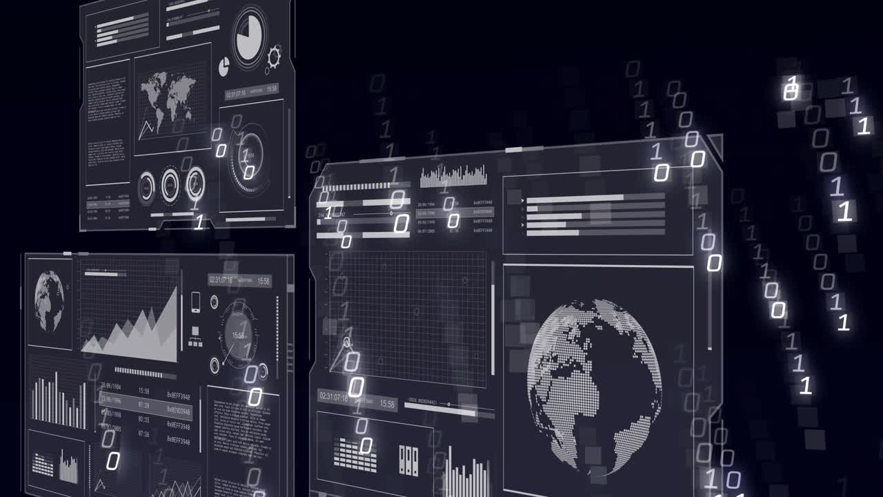 Void opening, four dashboards shifting while binary streams intensifying, showing global data flow