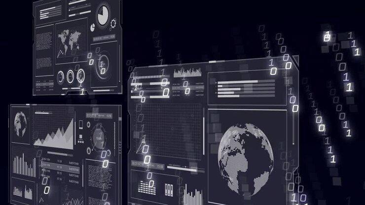 Void opening, four dashboards shifting while binary streams intensifying, showing global data flow