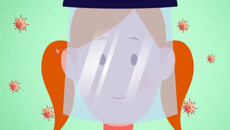animación de una niña con el icono de un escudo facial sobre las células del virus