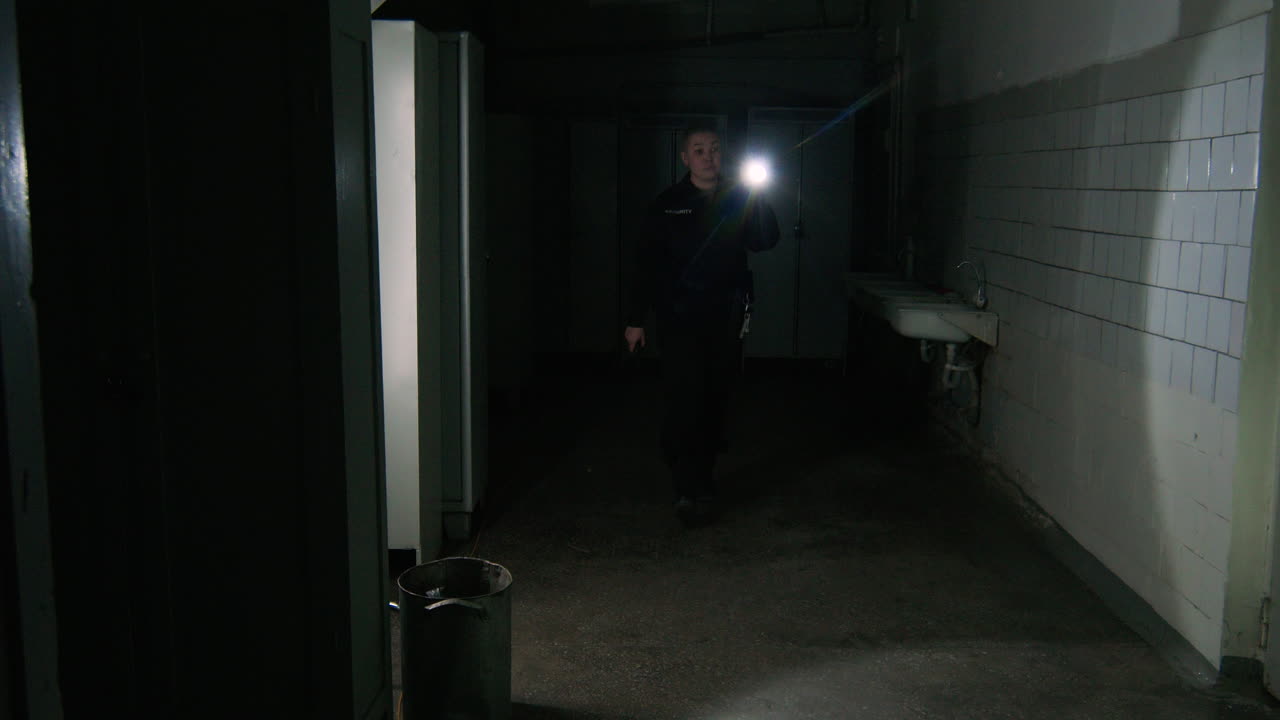 손전등을 들고 있는 여성 안전 경비원