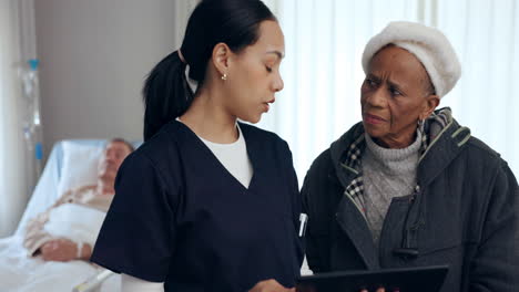 nurse, talking and tablet with senior patient