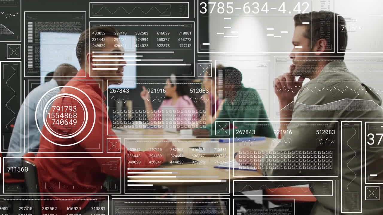 Animation of financial data processing over diverse business people in office