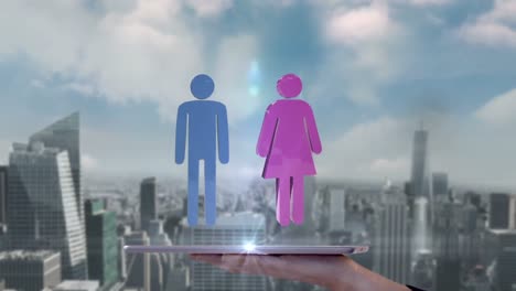 mujer de negocios usando una tableta para ver un holograma