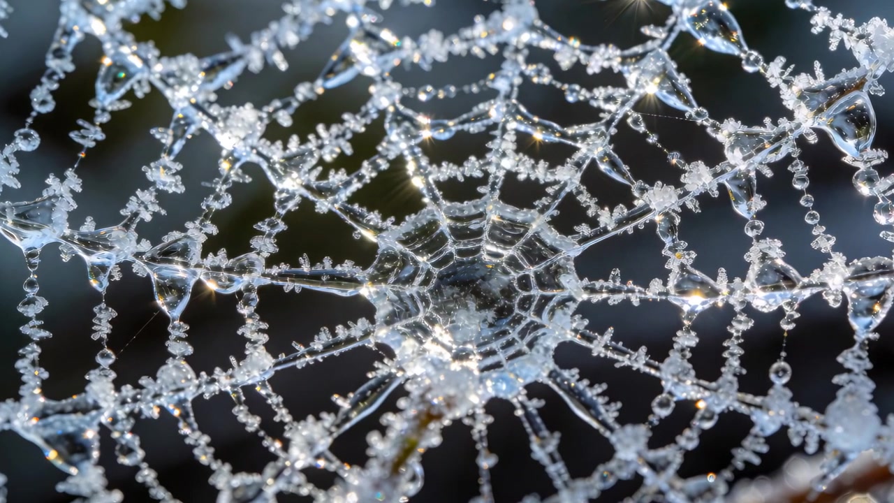 Ragnatela a telaio ghiacciata e scintillante che cattura la luce del mattino su una pianta, rivelando perle di ghiaccio sui ramoscelli.