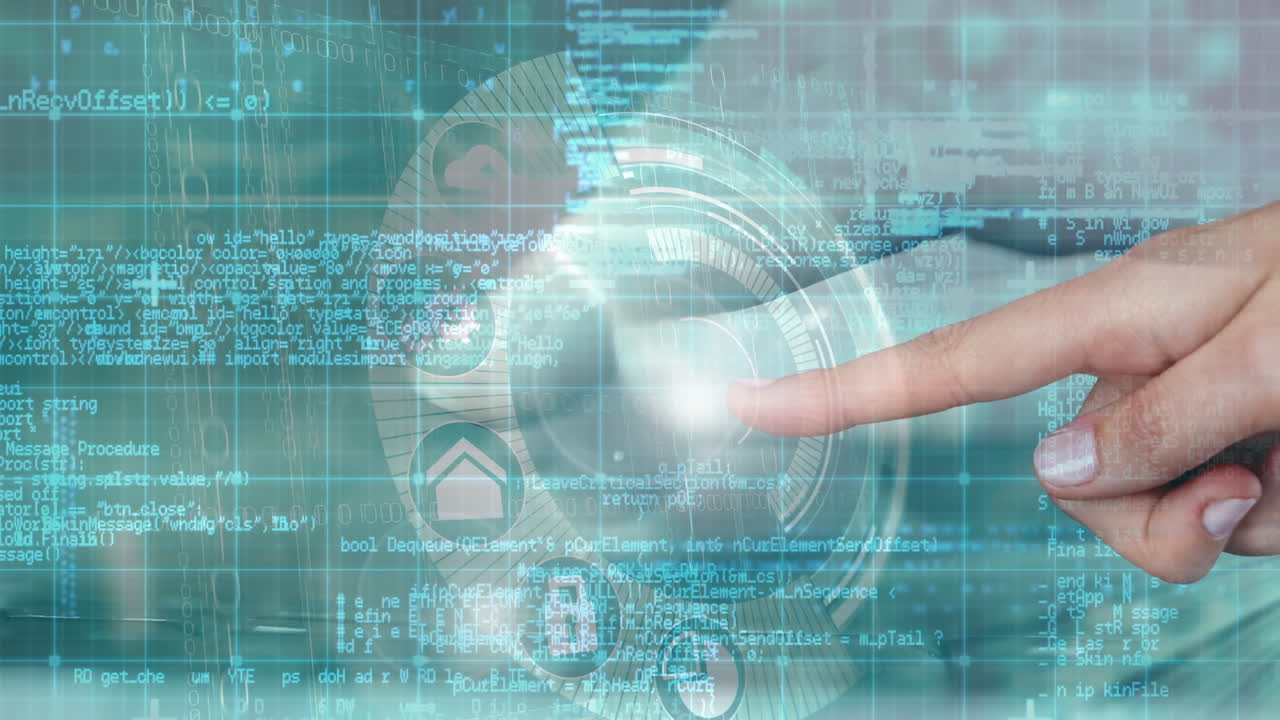 코드 및 데이터 처리 애니메이션과 함께 손가락 만지는 디지털 인터페이스