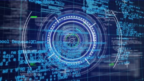 Animation-of-scope-scanning-over-round-scanner-and-data-processing-against-blue-background