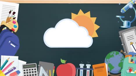 múltiples iconos de concepto de la escuela contra el pizarrón