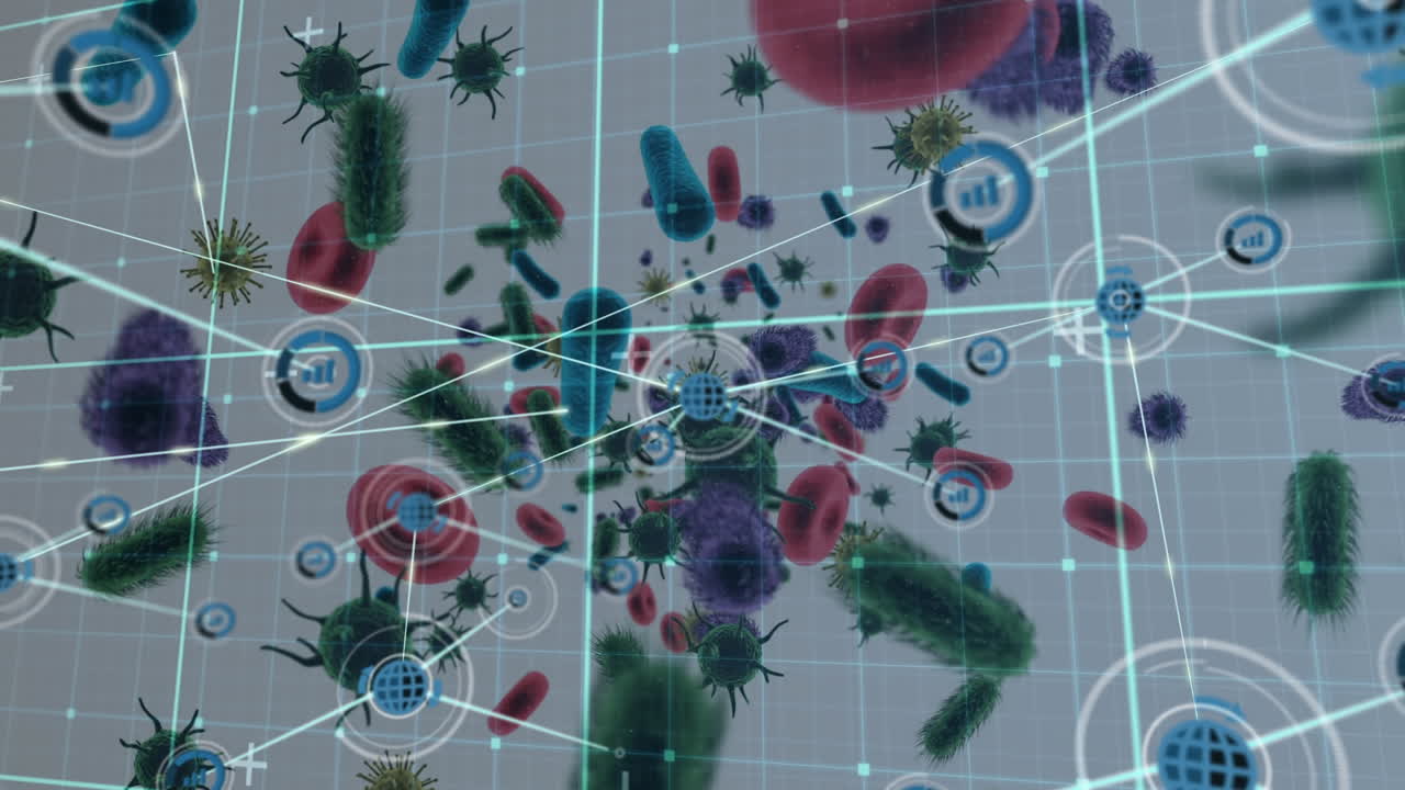 회색 배경의 코로나19 세포와 혈관에 대한 디지털 아이콘 네트워크