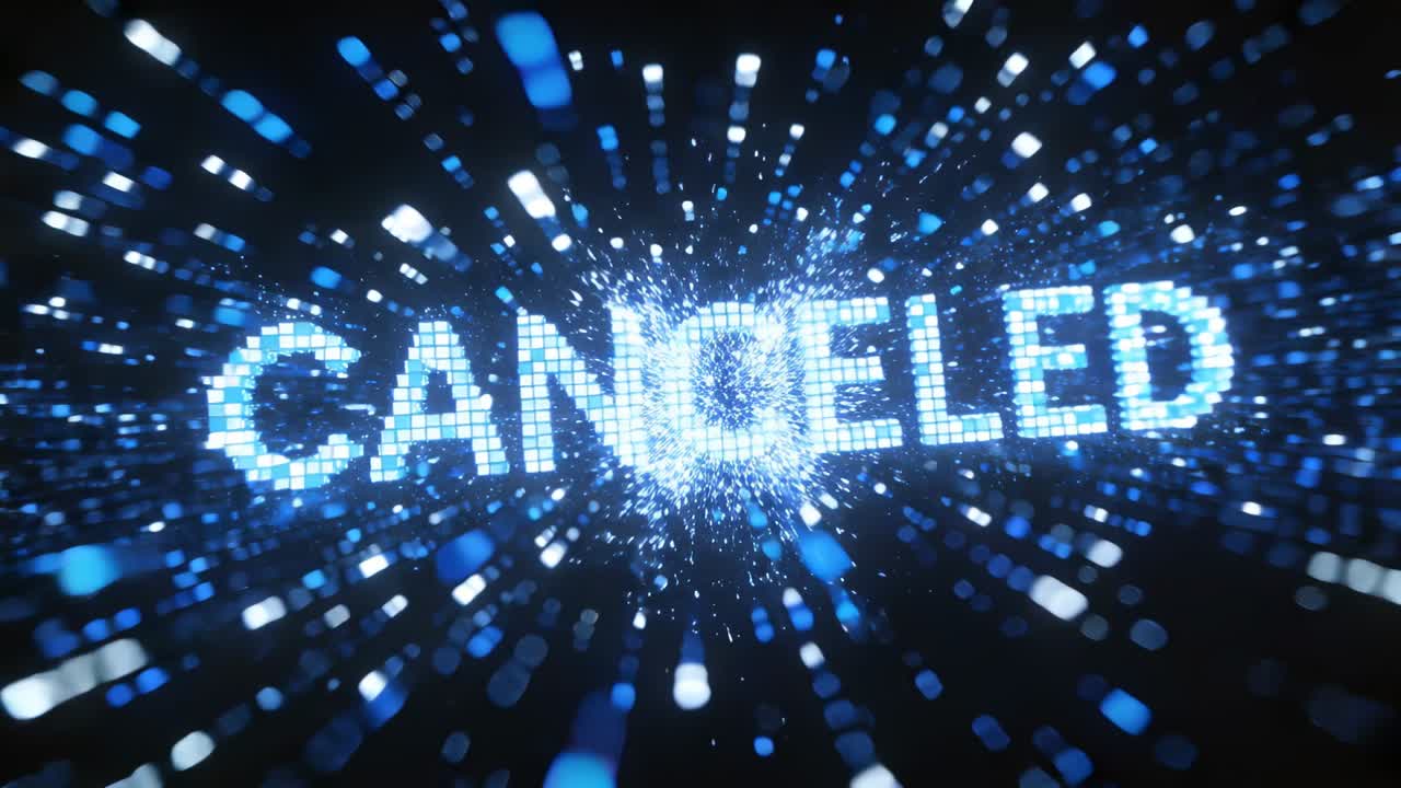 Pulsing CANCELED text glowing from central pulse, scattering blue-white tiles outward in black void
