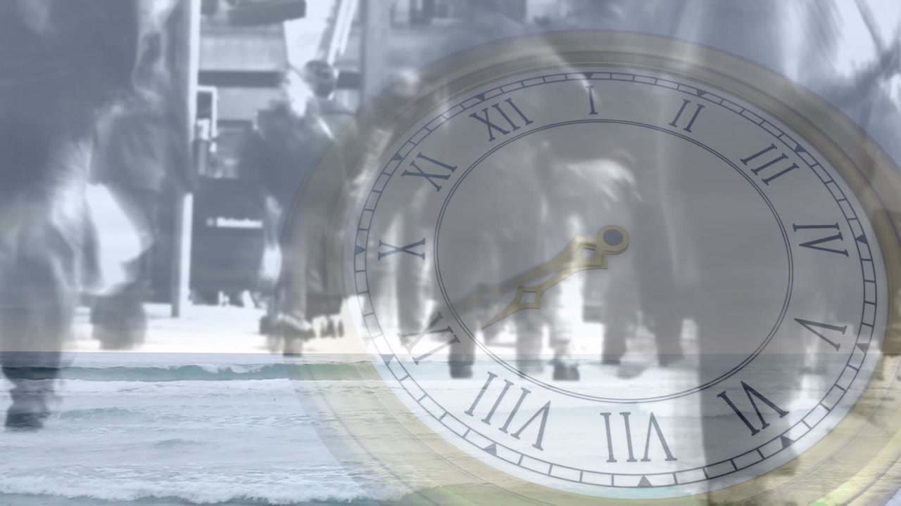 Animation of clock and sea over people walking