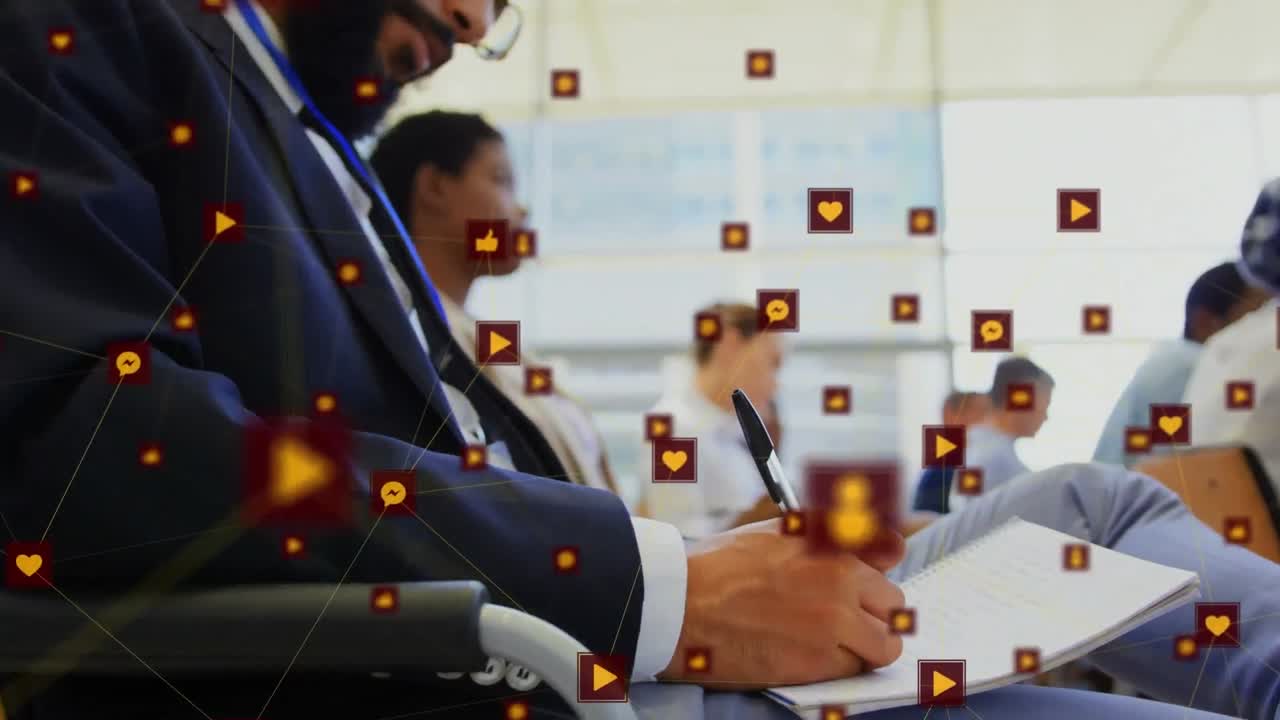 Animation of globe with network of connections and icons over diverse business people