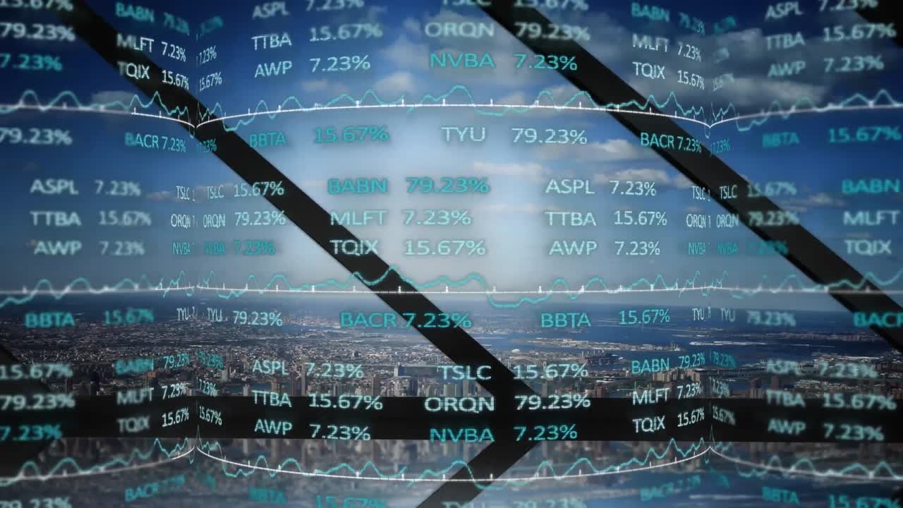 창을 통해 도시 뷰를 통해 금융 데이터 처리와 디지털 인터페이스의 애니메이션