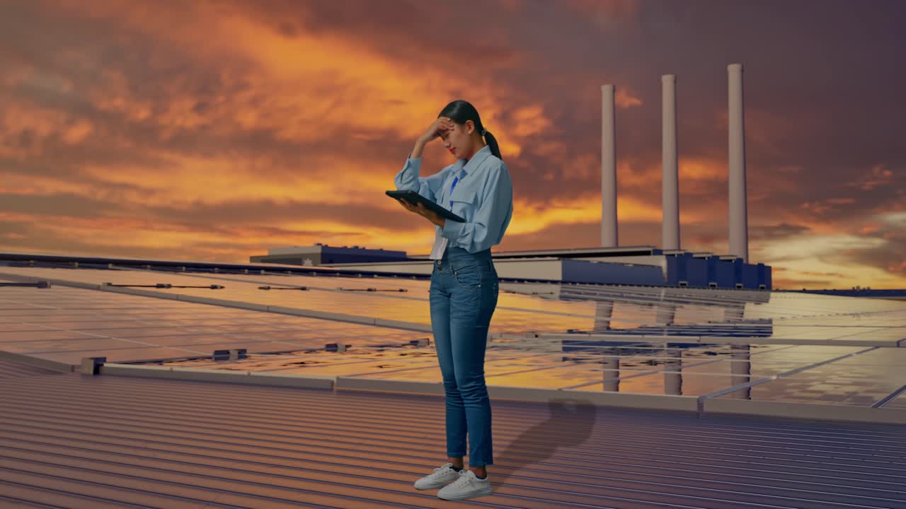 Vista lateral de cuerpo completo de una mujer asiática con su tableta, inspeccionando paneles solares en la azotea al atardecer, asiente con la cabeza decepcionada.