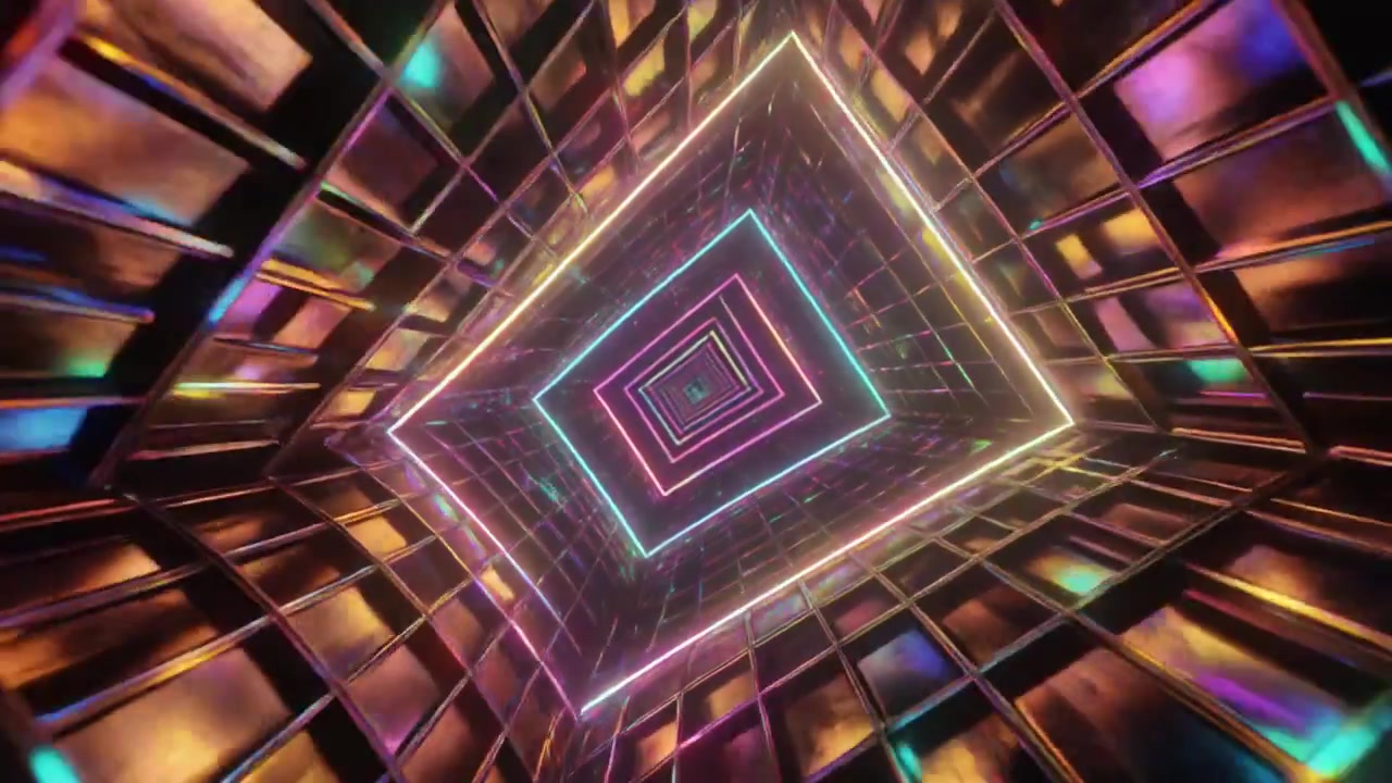 Abstract Neon Tunnel with Glowing Square Frames and Reflective Grid Walls
