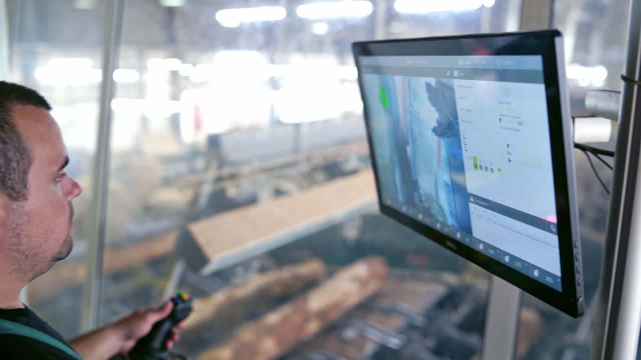 Modernized woodworking plant. Worker controls the work of automated machinery through the monitor.