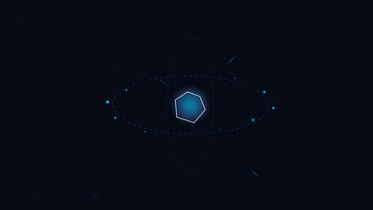 Abstract Digital Hexagon Rotating with Orbital Rings