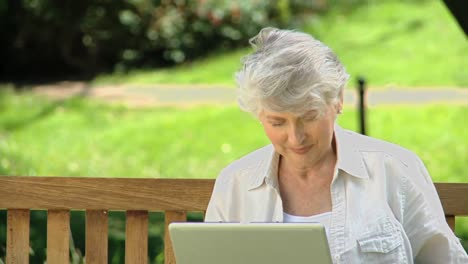 Ältere-Frau-Schaut-Auf-Einen-Laptop,-Der-Auf-Einer-Bank-Sitzt