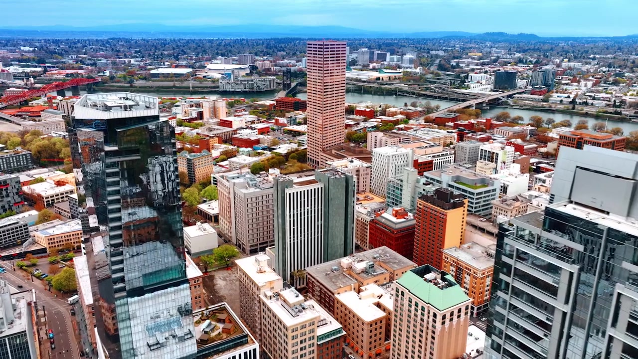 Territorio densamente edificato lungo le rive del fiume Willamette. Paesaggio di Portland, Oregon, USA. Vista dall'alto.