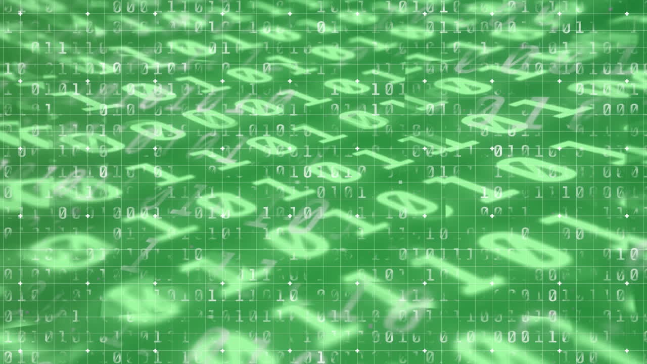 Digital animation of grid network over binary coding data processing against green background