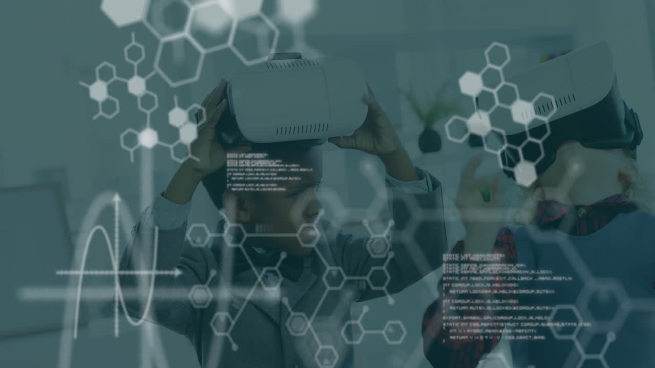 Animation of chemical compounds and medical data processing over kids wearing vr headsets