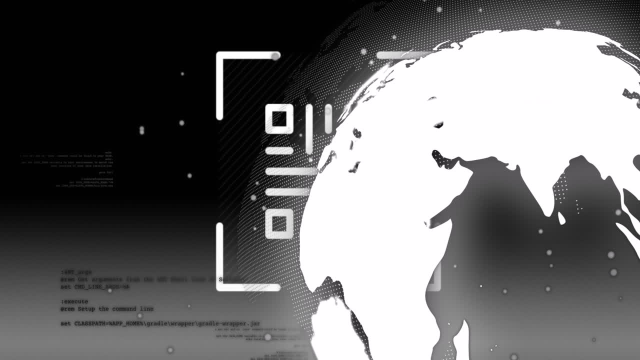 código qr y procesamiento de datos sobre un globo giratorio contra un fondo negro