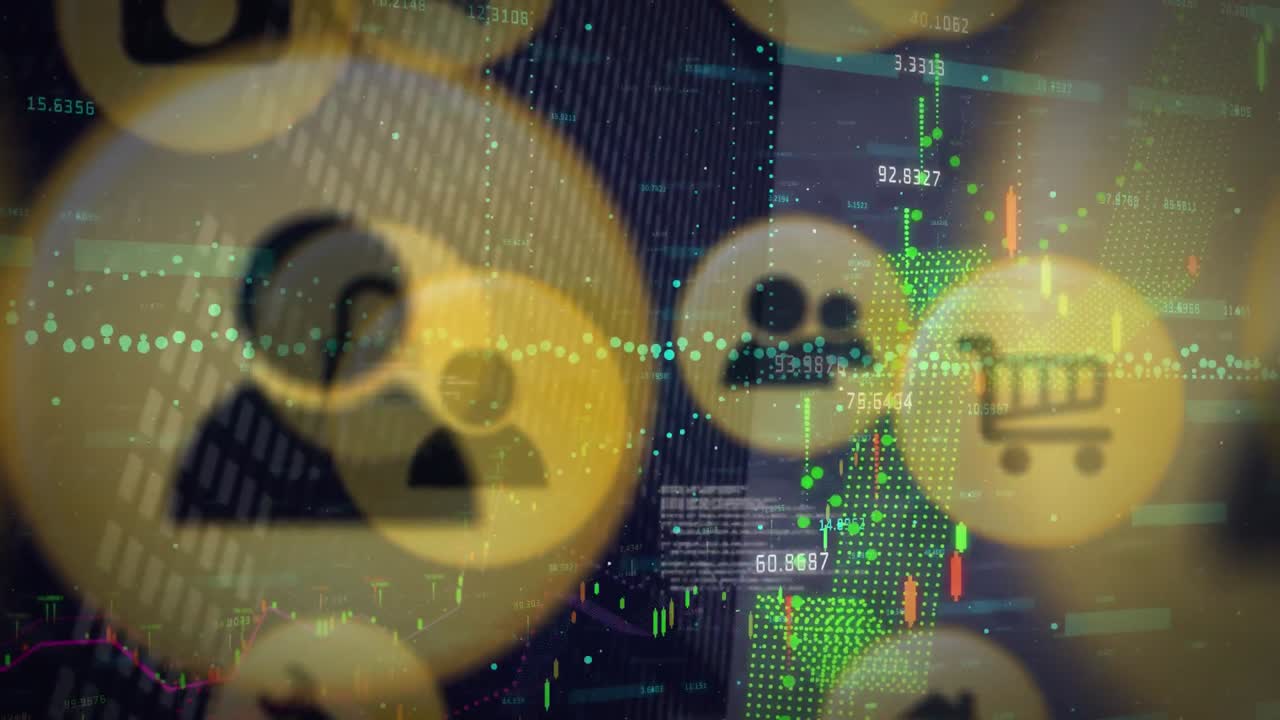 파란색 배경에 금융 데이터 처리에 맞춰 여러 디지털 아이콘의 디지털 애니메이션