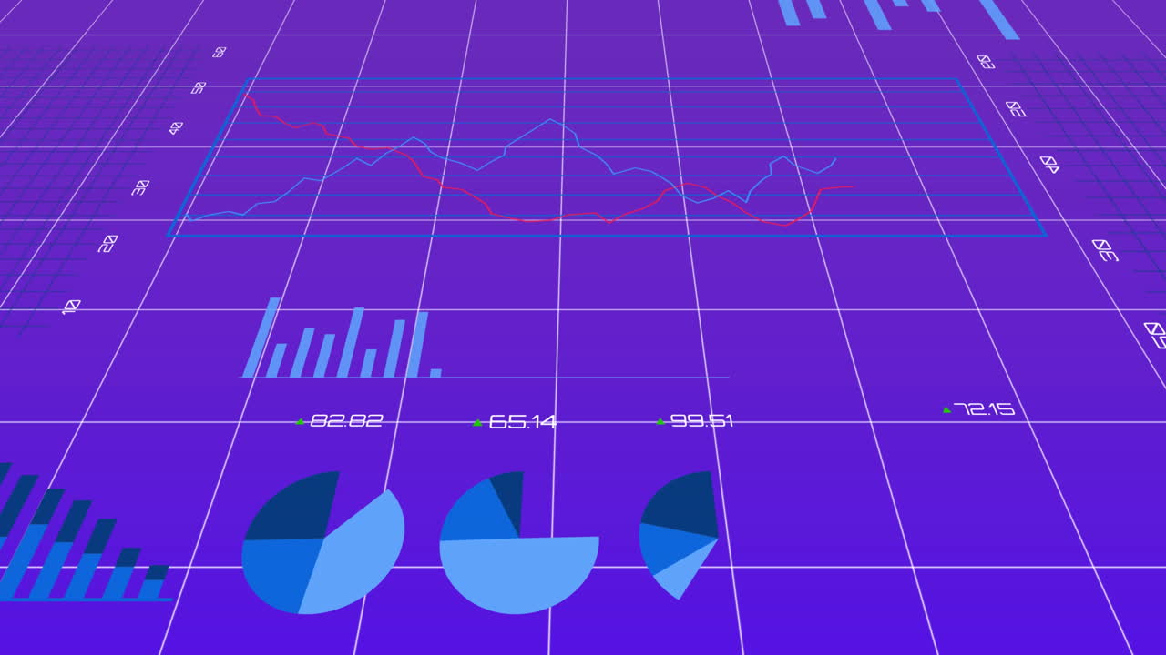 보라색 그라디엔트 배경에 대한 그리드 네트워크를 통해 통계 데이터 처리의 애니메이션