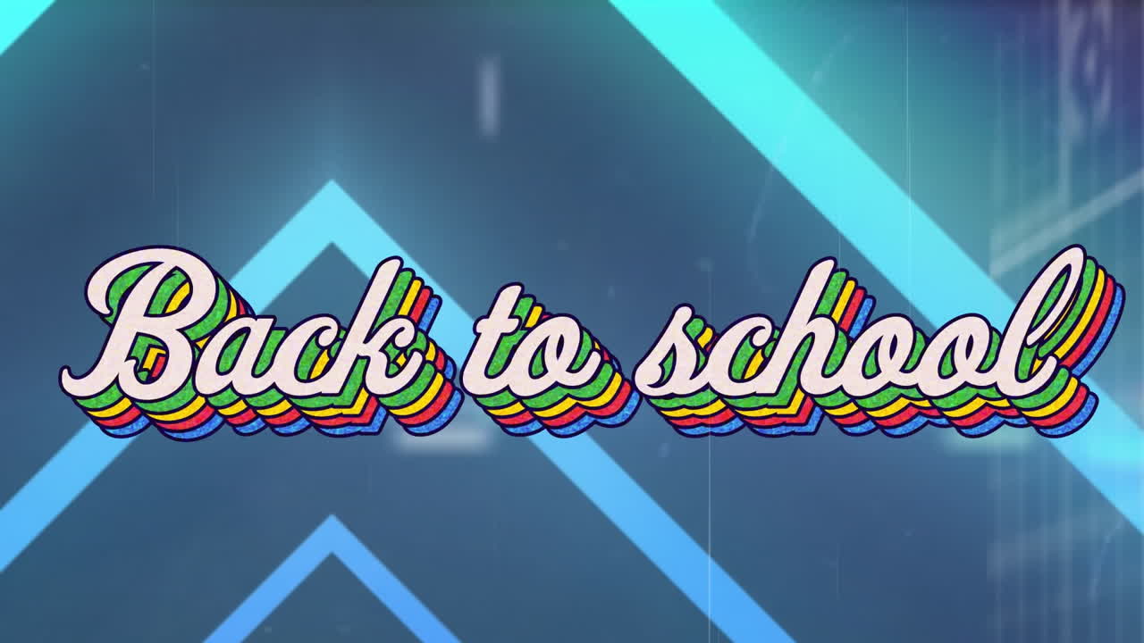 학교로 돌아가는 텍스트의 애니메이션을 파란색 기하학적 모양으로